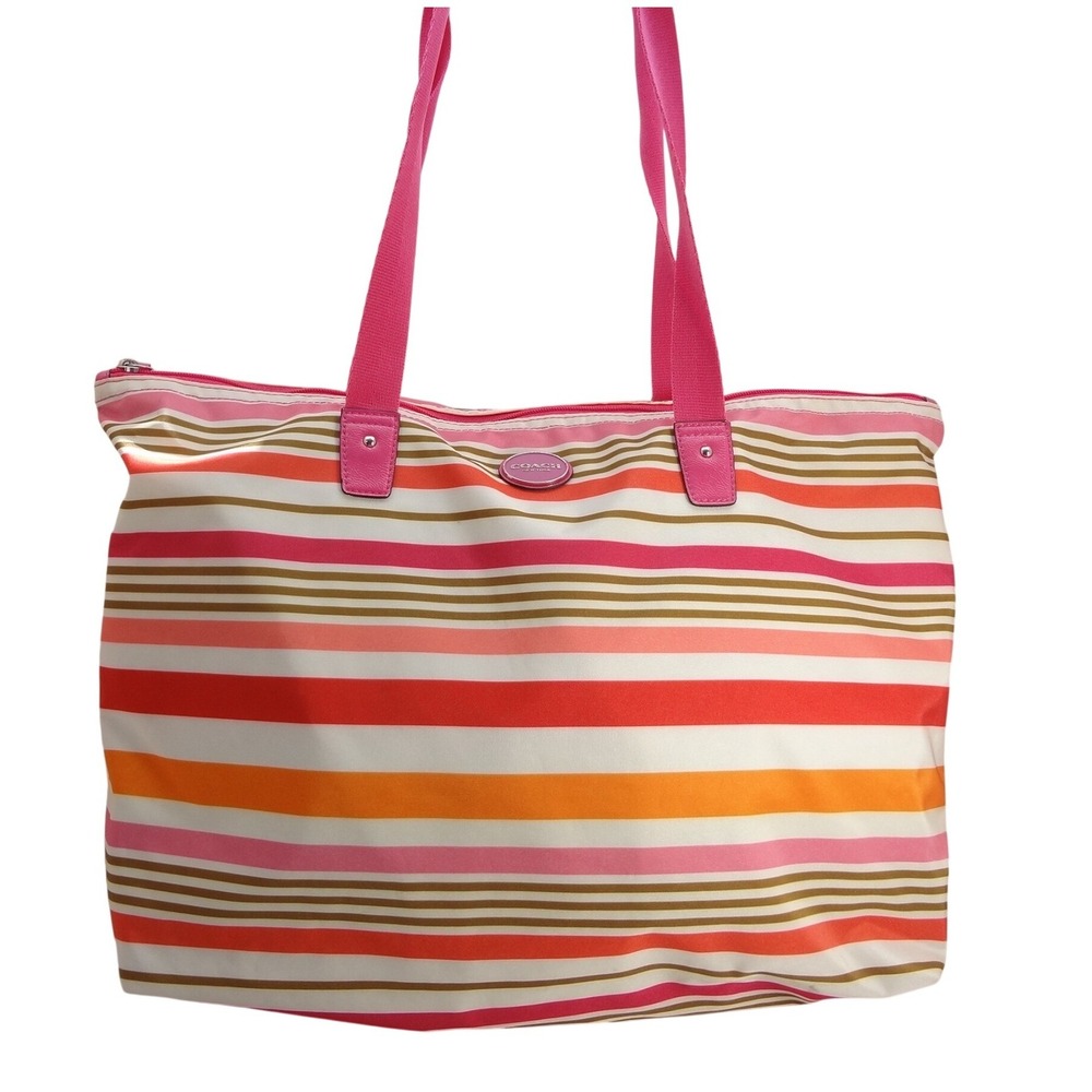 Coach New York Striped Nylon Tote Bag Pink Orange Red Large Travel Beach Bag